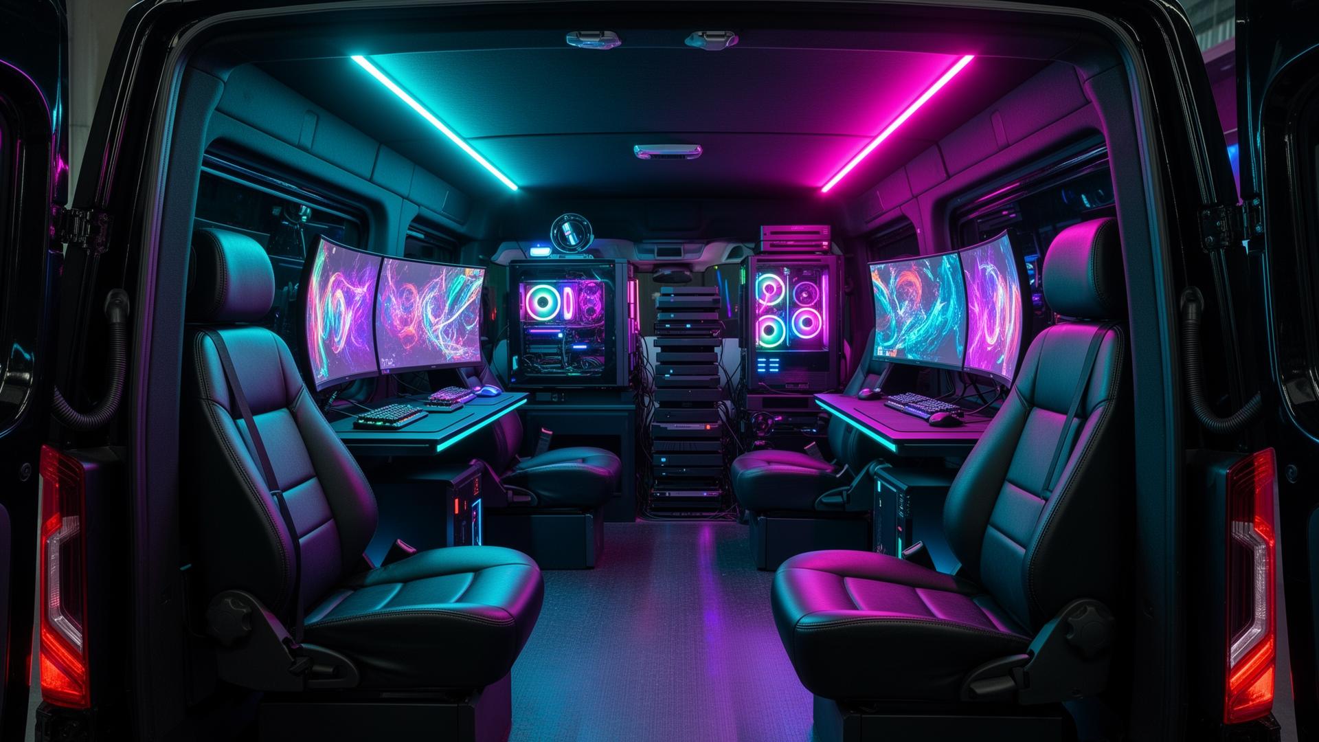 Inside the gaming van: dual battle stations with neon RGB lighting
